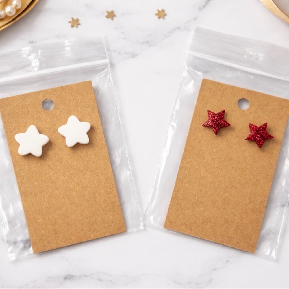 NWOT Star Earrings Lot Red Glitter Studs & White Acrylic Studs Cute Gift Set